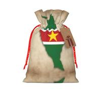 Suriname Flag Map04 Print Christmas Burlap Gift Bag With Drawstring, Present Small Favor Pouch For Birthday Parties-S Size
