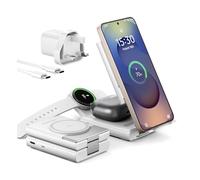 SURITCH 3 in 1 Wireless Charging Station Compatible with Samsung, 15W Foldable Charging Dock Stand for Galaxy S25 S24 S23 S22 S21 Z, Galaxy Watch 7/6/5/4/3, Galaxy Buds, White(UK Plug)