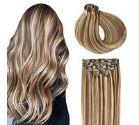 SURNEL Clip in Human Hair Extensions Silk Soft Remy Human Hair Color 4 Medium Brown Highlighted 27 Caramel Blonde Clip in Hair Extensions 18 inch 120 Gram 6 Pcs Double Weft (C#4P27, 18'')