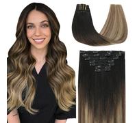 SURNEL Clip-In Remy Real Hair Extensions, 14 Inches / 35 cm, Clip-In Extensions, Real Hair, 7 Pieces, 140 g, 1B/4/27, Black to Brown with Caramel Blonde, Balayage, Soft Hair (7C#1B427-14 Inches)