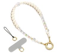 SURPHY Phone Charm, Pearl and Crystal Beaded Phone Strap with Keychain & Tether Tab, Bracelets Strap for Women, Anti-Lost Wrist Lanyard Chain, Pearl Crystals