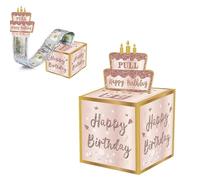 Surprise Birthday Money Box Cash Gift Pull, Fun and Novelty Money Gift Box, Birthday Money Box With Drawtab and 50 Transparent Bags (Pink)