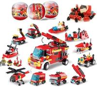 Surprise Fire Building Bricks Set - 12-in-1 Fire Truck & Helicopter Building Kit with Minifigures, STEM Construction Toys