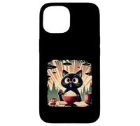 Surprised Black Cat Eating Rice While Ufo Invade Retro Japan Case for iPhone 15