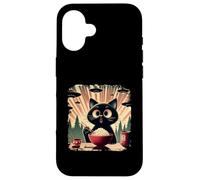 Surprised Black Cat Eating Rice While Ufo Invade Retro Japan Case for iPhone 16