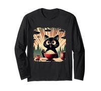 Surprised Black Cat Eating Rice While UFO Invade Retro Japan Long Sleeve T-Shirt