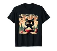 Surprised Black Cat Eating Rice While Ufo Invade Retro Japan T-Shirt
