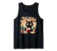Surprised Black Cat Eating Rice While UFO Invade Retro Japan Tank Top