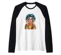 Surprised Woman Blue Hair Colorful Retro Round Pop Raglan Baseball Tee