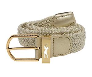 Surprizeshop Super Stretch Woven Webbing Belt | Pastle Blue Design with Hand Enamelled Lady Golfer Detailing On Buckle | Womens Golf Belt | ONE SIZE FITS MOST UK 8-16 | Reinforced PU Tip (Gold)