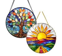 SurPse 2 Pcs Stained Glass Suncatcher, Tree of Life Ornament and Sun Design, Window Hanging Decor for Home and Garden, 20 cm x 20 cm Acrylic Art Panels Set of Two
