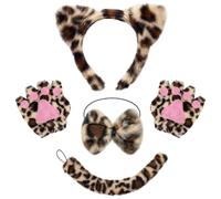 SurPse 4-Piece Cat Ears and Tail Set, Leopard Print Cat Costume Accessories with Cat Ears Headband, Rabbit Plush Fingerless Gloves and Hair Tie for Skye Cat Cosplay