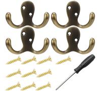 SurPse Antique Brass Hooks, Heavy Duty Coat Hooks for Door and Wall - Set of 4 with 10 Screws and 1 Screwdriver, Space Saving Gold Metal Hooks for Bathroom, Bedroom, Office