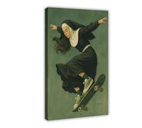 Surreal Art Poster of A Rebellious Nun on A Skateboard Canvas Poster Wall Art Decor Print Picture Paintings for Living Room Bedroom Decoration 08x12inch(20x30cm)