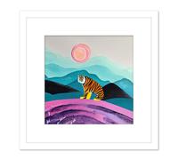 Surreal Bengal Tiger Hunts Under A Pink Moon Square Wooden Framed Wall Art Print Picture 8X8 Inch Artery8 White One Size