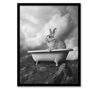 Surreal Bunny Rabbit Hare in Bathtub Black White Framed Art Print Artery8 Grey A4