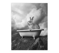 Surreal Bunny Rabbit Hare in Bathtub Black White Wall Art Print Artery8 Grey W24 inch x H32 inch