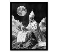Surreal Cat Lover Pope and Moon Black White Framed Art Print Artery8 Grey W12 inch x H16 inch