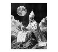 Surreal Cat Lover Pope and Moon Black White Wall Art Print Artery8 Grey W24 inch x H32 inch