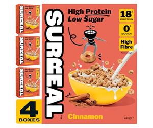 Surreal Cinnamon - High Protein Keto Cereal - 0g Sugar- Healthy Plant Based Cereal - High in Fibre- Low Carb - Gluten Free - Vegan - 17g of Protein - 240g per Box - 4 Pack (4 x Cinnamon)