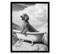 Surreal Dog Lover Black White Poodle in Bathtub Framed Art Print Artery8 Grey A4