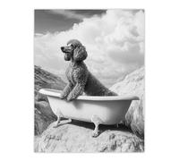 Surreal Dog Lover Black White Poodle in Bathtub Wall Art Print Artery8 Grey W24 inch x H32 inch