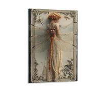 Surreal Dragonfly Woman Canvas Wall Art Vintage Style Fantasy Portrait Poster with Insect Wings And Retro Dress for Bedroom Studio Lounge Gallery Dreamlike Decor Gift 20x30inch(50x75cm) Framed