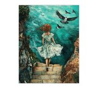 Surreal Dream Dive Girl Stone Steps Sea Birds Wall Art Print Artery8 Blue W24 inch x H32 inch
