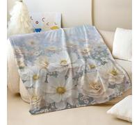 Surreal Dreamy Floral Printed Flannel Blanket, Elegant Ethereal Pure White Flower Throw Blanket for Cozy Bedroom & Sofa Use (05,150x200cm)