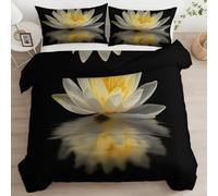 Surreal Dreamy Water Surface White Lotus Duvet Cover Set Cot-bed Black 3 Pieces, Reversible Bedding with Matching Pillowcase - Ultra Soft Easy Care Microfibre Comfy Quilt Cover for Kids Teens