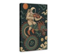 Surreal Fantasy Astronaut Riding A Dragon And Playing The Violin Canvas Poster Wall Art Decor Print Picture Paintings for Living Room Bedroom Decoration 08x12inch(20x30cm)