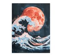 Surreal Great Wave Blood Moon Sea Storm Painting Wall Art Print Artery8 Blue W24 inch x H32 inch