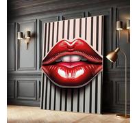 Surreal Optical Illusion Black And White Lines Red Lips Poster Abstract 3d Glossy Red Lips Canvas Painting Modern Decor 20x30cm Frameless