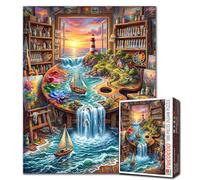 Surreal Seascape Puzzle 1000 Piece for Adults Fantasy Ocean Lighthouse Sunset Jigsaw Puzzle Creative Art Room Colorful Artwork Palette World Coastal Village Waterfall Puzzles Game Gift Home Decor