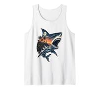 Surreal Shark Ocean Sunset Tropical Island Lighthouse Marine Tank Top