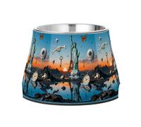 Surreal Statue of Liberty & Eiffel Tower Dogs Water Bowl Non Skid Stainless Steel Water Food Bowl for Loving Pet Slow Down Eating