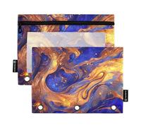Surrealism A Vast River of Blue and Gold Stars 3 Hole Pencil Pouches with Clear Window Plastic Pencil case Big Capacity 3 Rings Binder folders for Storing School Office Supplies Multicolored 2