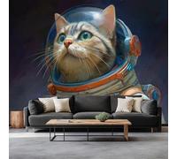 Surrealism Cat in Spacesuit Wallpaper Bedroom Kids Boys 3D Wallpaper Mural, Black Kids Teens Room Poster Photo Wall Mural Themed Room Playroom 350 x 256 cm