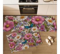 Surrealism Kitchen Rug Set 2 Piece Non Slip Washable Watercolor Wildflowers And Butterflies Kitchen Mat Anti Fatigue Standing Area Rugs for Hallway, Dining Room and Entrance, 50x80cm+50x150cm, Blush