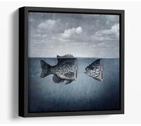 surrealist moody painting of a fish Canvas Floater Frame Square Print Picture Art - Black Frame 12 inch wide x 12 inch high
