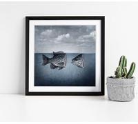 surrealist moody painting of a fish Stunning Framed Wall Art Picture Print Square - 25cm wide x 25cm high - Black Frame