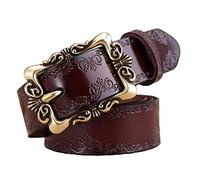 Surrycee Western Belts for Men/Women, 33mm Wide Leather Cowgirl Belt for Jeans Pant, Floral Embossed Cowboy Country Genuine Leather Belts for Women with Vintage Buckle,Coffee,115cm/waist:38"~40"
