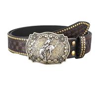 Surrycee Western Studded Belts for Men/Women Cowgirl Cowboy Embossed Engraved Tooled Leather Belt with Buckle for Jeans Pants Rodeo, 38mm Wide,Brown,105cm/waist:34"~36"