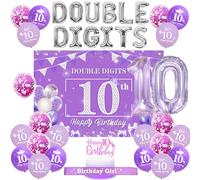 Sursurprise 10th Birthday Decorations for Girls Purple, Double Digits 10th birthday Backdrop, Cake Topper, Birthday Girl Sash, Number 10 Balloons, 10 Year Old Birthday Party Supplies