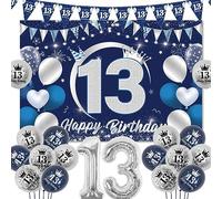 Sursurprise 13th Birthday Decorations for Boy Blue, Navy Blue Silver Happy 13th Birthday Backdrop, Triangle Flags Banner, Number 13 Balloon, 13 Year Old Bday Party Supplies