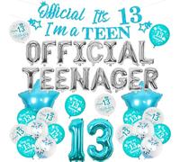 Sursurprise 13th Birthday Decorations for Girls Teal Blue, Official Teenager Number 13 Balloons, Official It’s 13 I’m a Teen Banner, Turquoise Teens Birthday Party Supplies