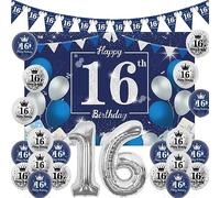 Sursurprise 16th Birthday Decorations for Boy Navy Blue and Silver, Happy 16th Birthday Backdrop, Triangle Flag Banner, Number 16 Balloon, Sixteen Year Old Bday Party Supplies
