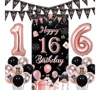 Sursurprise 16th Birthday Decorations for Girls Black and Rose Gold, Happy 16th Birthday Door Banner, Triangle Flag Garland, Number 16 Balloon, Sixteen Year Old Birthday Party Supplies