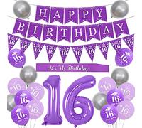 Sursurprise 16th Birthday Decorations for Girls - Purple and Silver Balloons, Happy Triangle Garland & Banner, Number 16 Foil Balloons, It's My Birthday Sash, Party Supplies