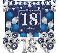 Sursurprise 18th Birthday Decorations for Boy Blue and Silver, Happy 18th Birthday Backdrop, Triangle Flags Banner, Number 18 Balloon, Navy Blue Silver 18 Year Old Bday Party Supplies